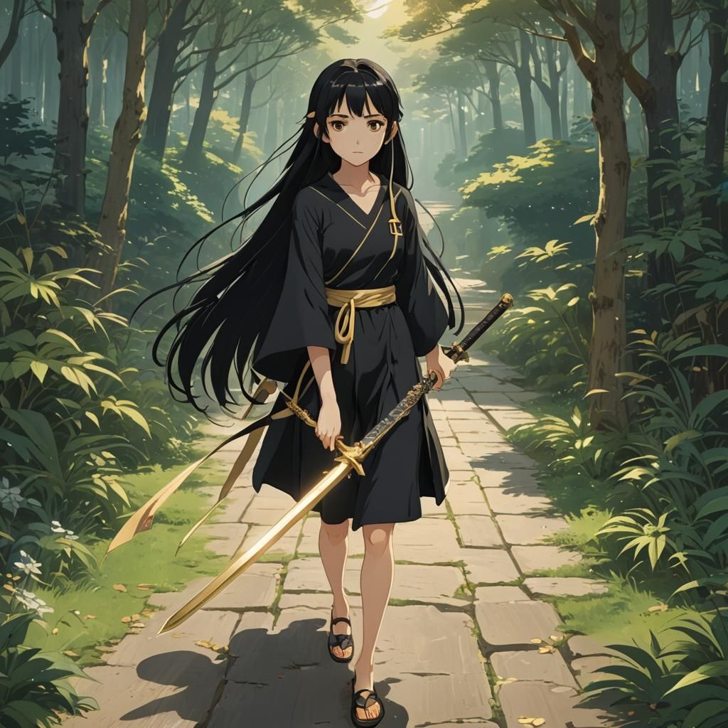 Teenage Girl with Sword in Ghibli Anime Style