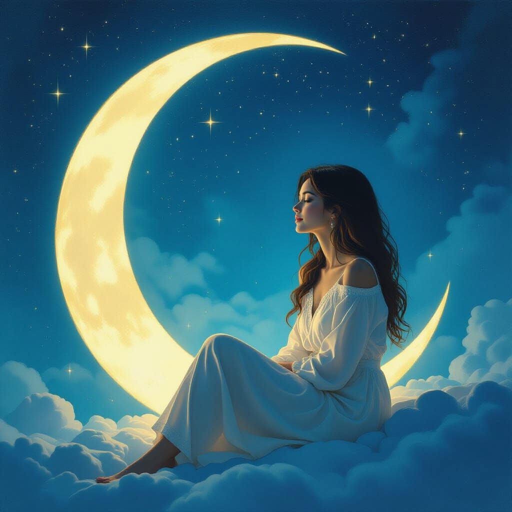 Woman in Moon with Smile, Hyperrealistic Oil Painting