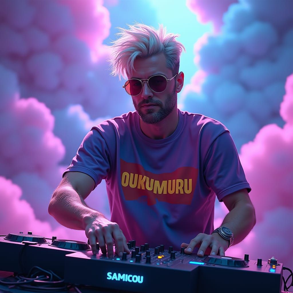 Charismatic Man Behind Mixer in Dreamlike Setting