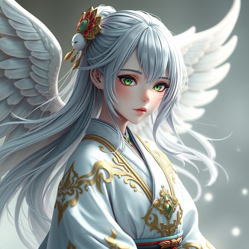 Ethereal Angel Maiden in White Kimono