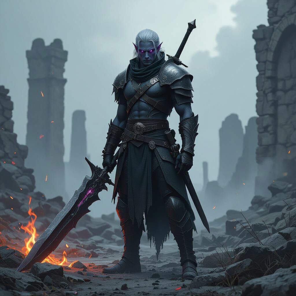 Dark Elf Anti-Hero in Ruined Battlefield