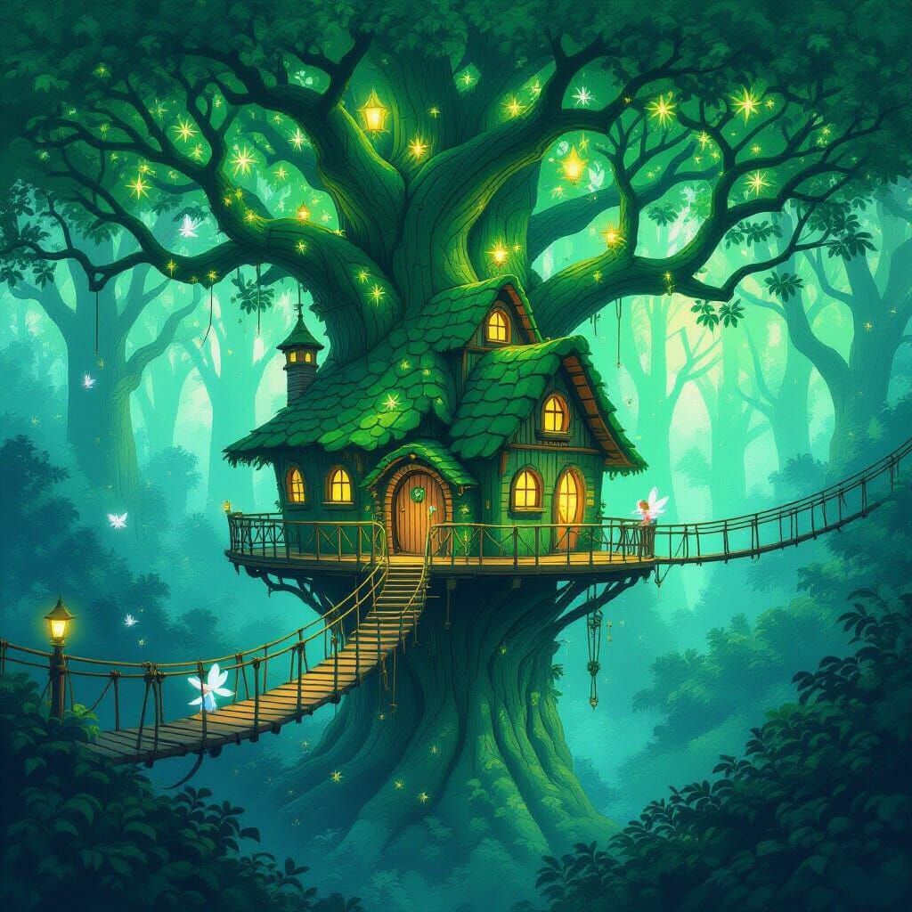 Enchanting Treehouse Village in Luminescent Forest