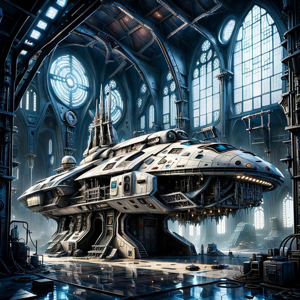 Futuristic Spaceship Repair Garage in Gothic Style