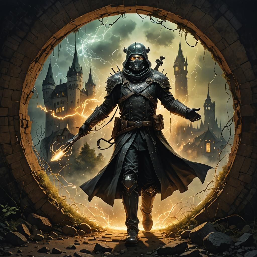 Time Traveler at Portal with Bioluminescent Smoke