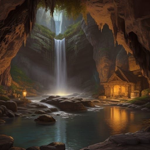 Cottage hidden in a waterfall cave