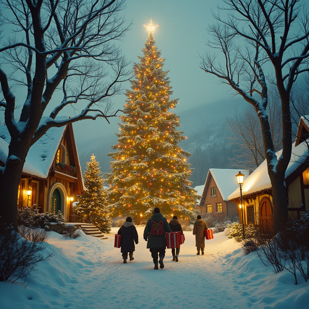 Snowy Christmas in Hobbit Village: 3D Render