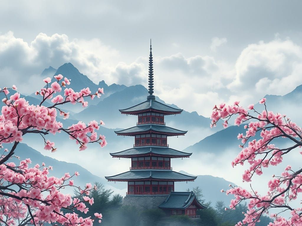 Traditional Asian Pagoda in Watercolor Style