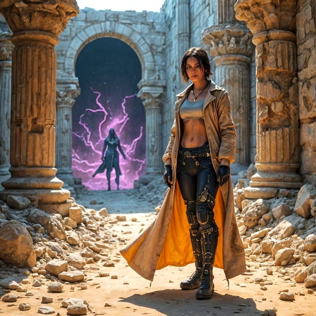 Bionic Scientist in a Ruined Cityscape at Dusk