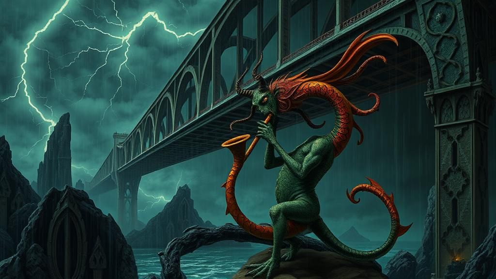 Demon Plays Tuba Under Gaudi-esque Bridge