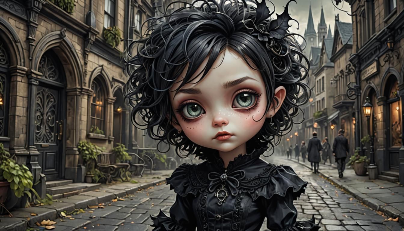 Gothic Chibi Pixie in Victorian City: Digital Art