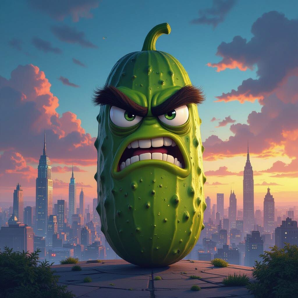 Angry Pickle in Epic Cityscape, Hyper-Realistic Style