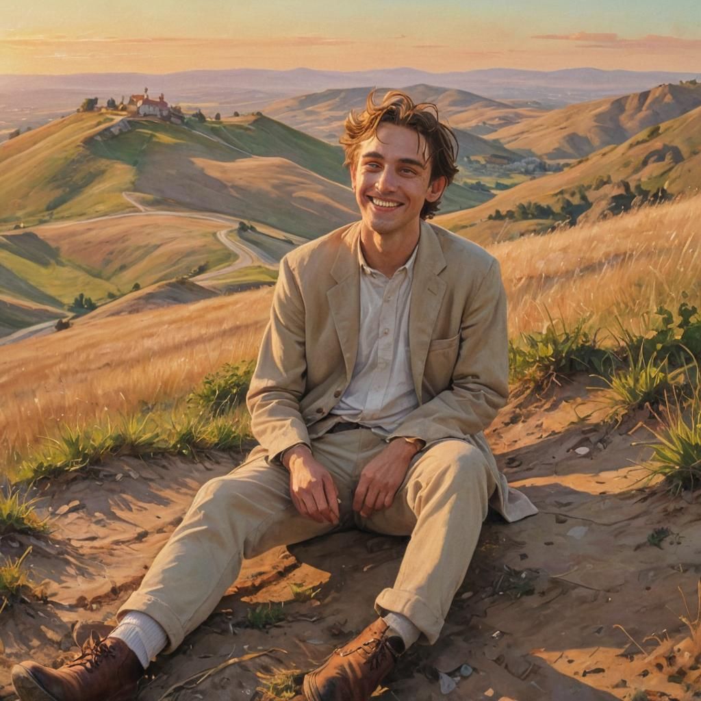 Man with Grin in Whimsical Surrealist Oil Painting