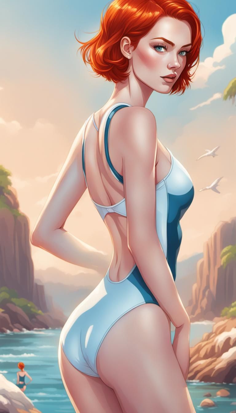 Redhead Woman in Swimsuit: Cartoon Comic Art