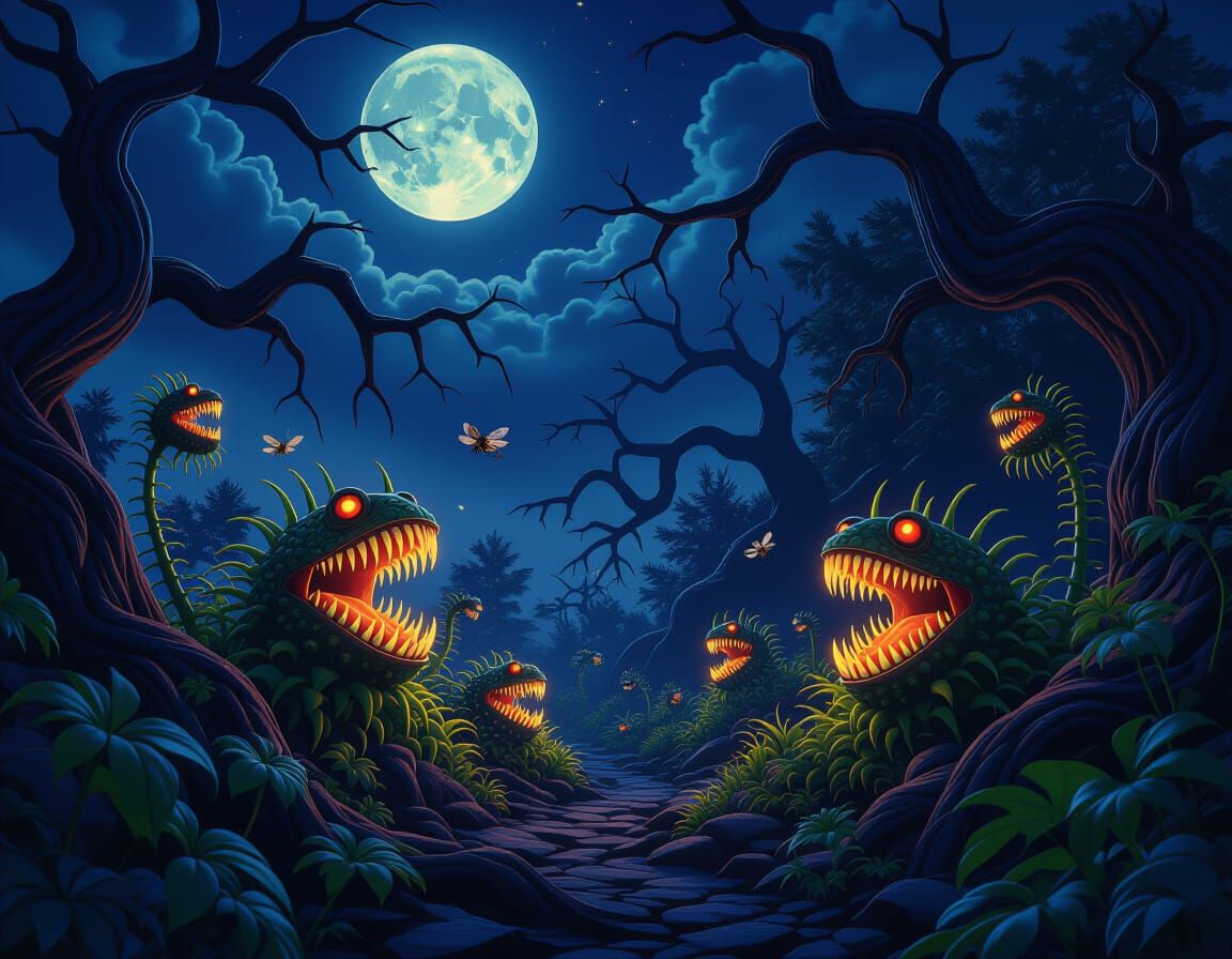 Creepy Bioluminescent Garden at Midnight: Dark Fantasy Conce...