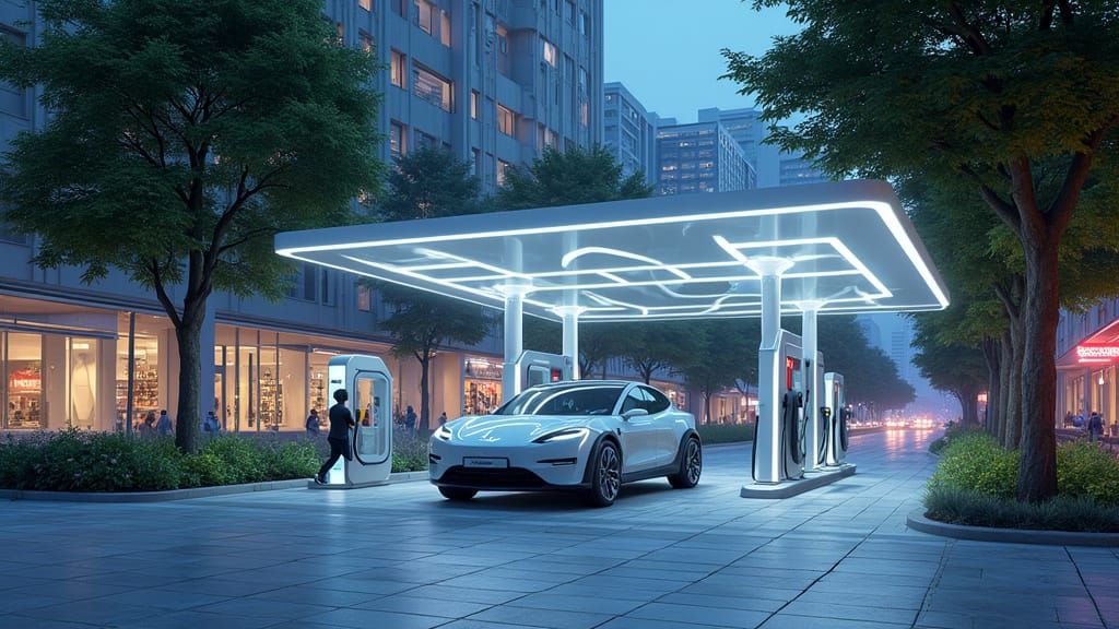 Futuristic EV Charging Station in Neon Cityscape