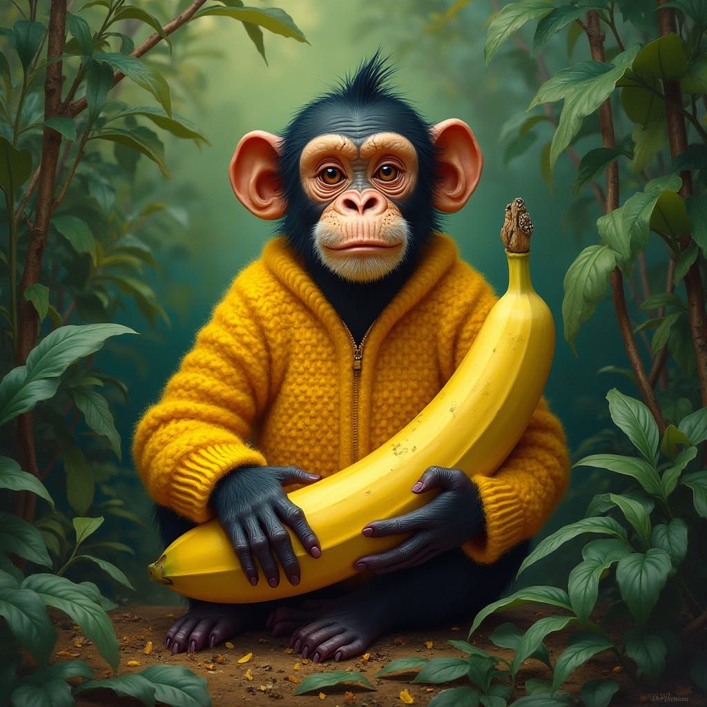 Monkey in Jungle Holding Banana, Art Nouveau Style