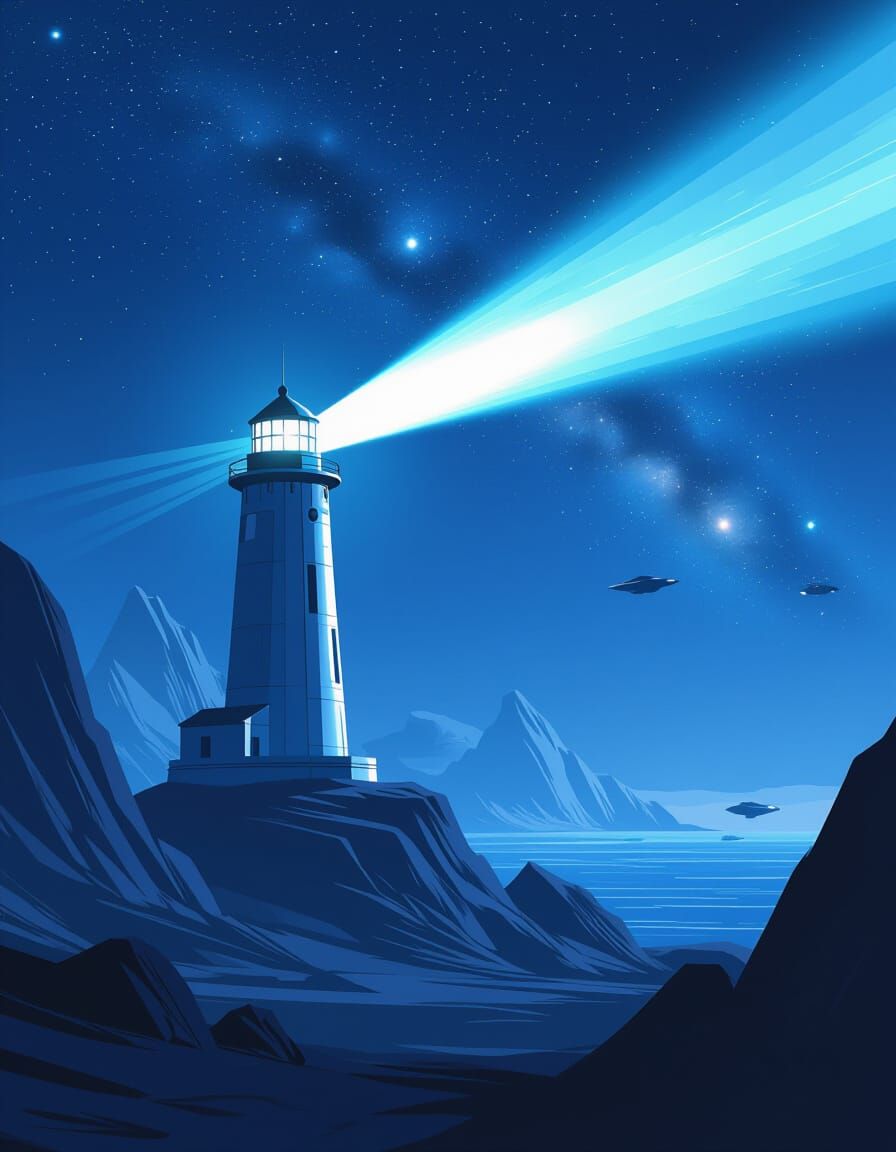 Futuristic Lighthouse on Rocky Planet Guiding Spacecraft