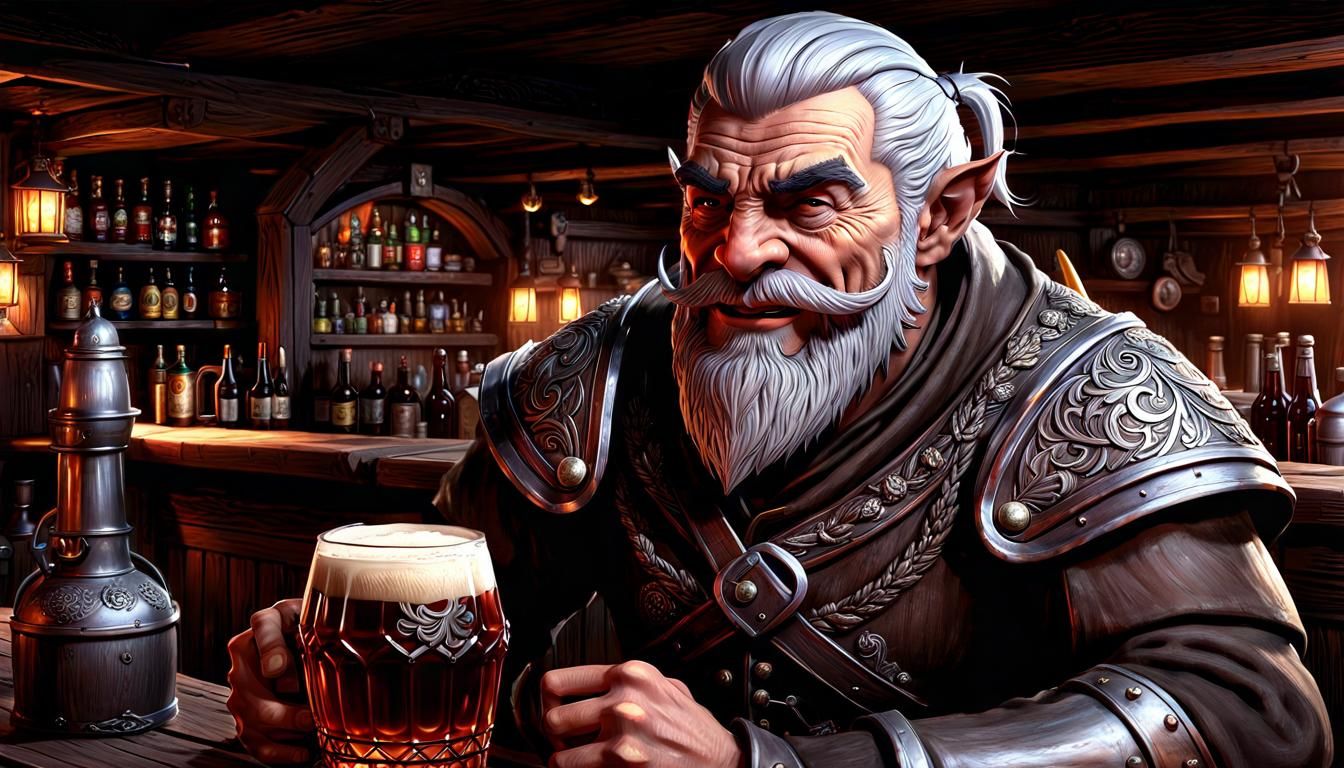 Happy Half-Orc Enjoying Ale in Tavern