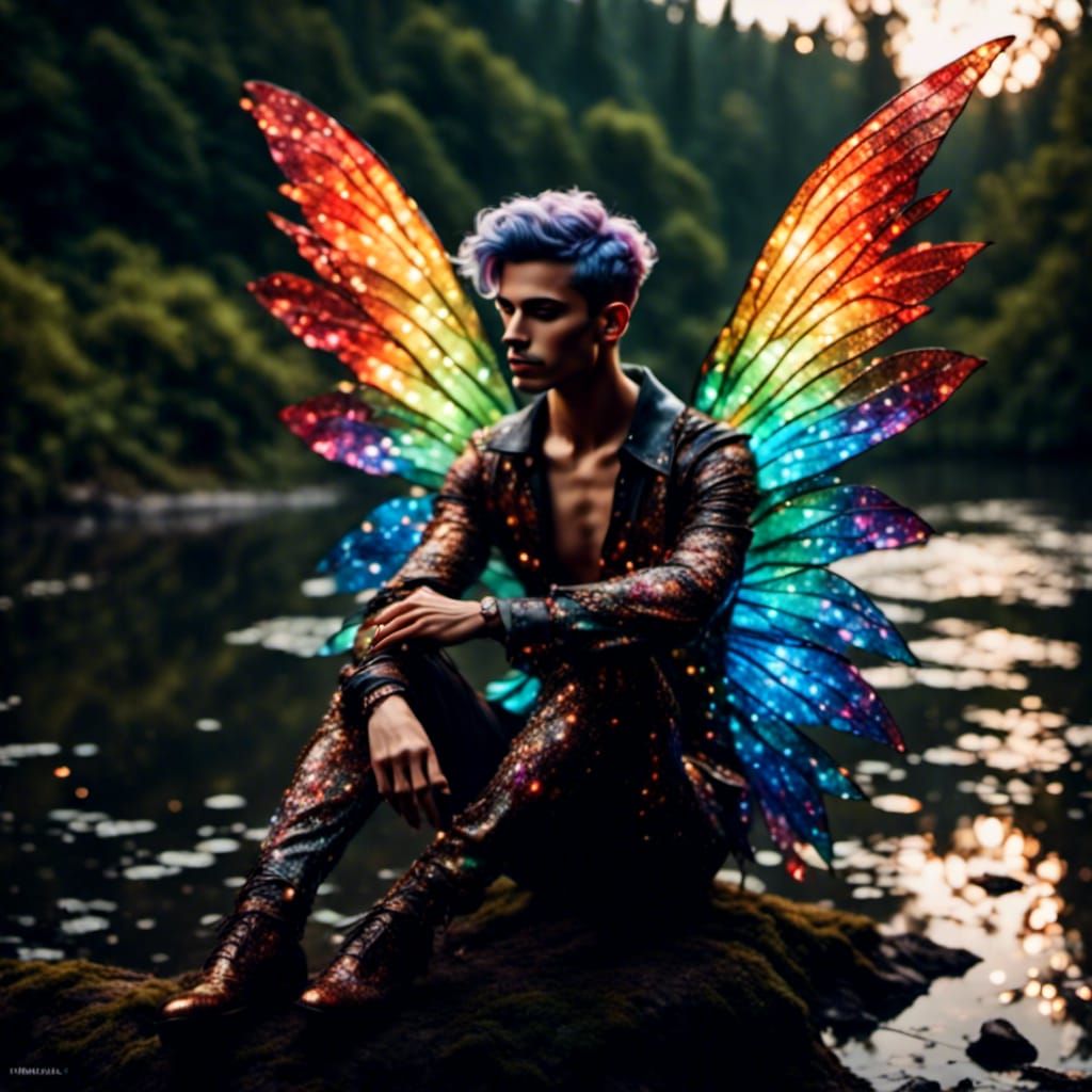 Masculine Gay Fairy with Rainbow Wings