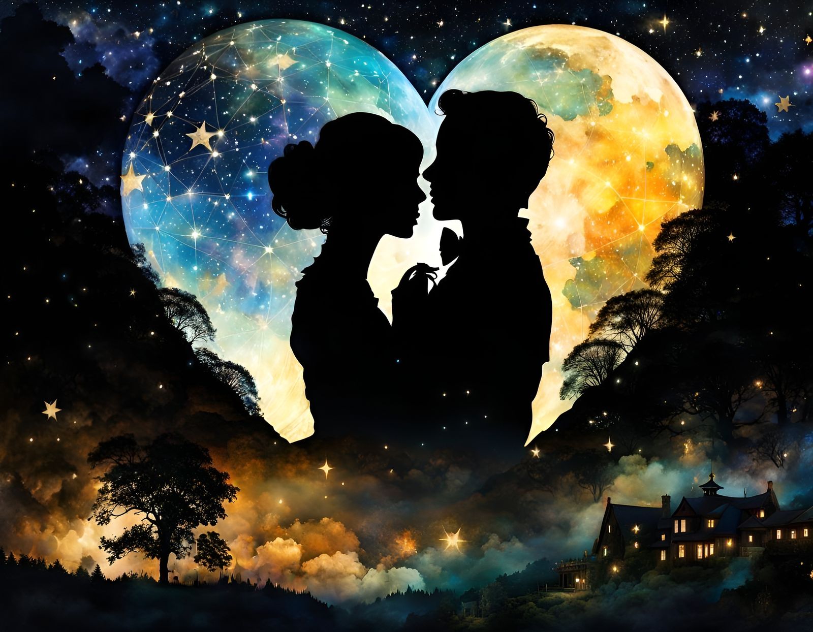 Romantic Wedding Night Dreamscape in Watercolor Style