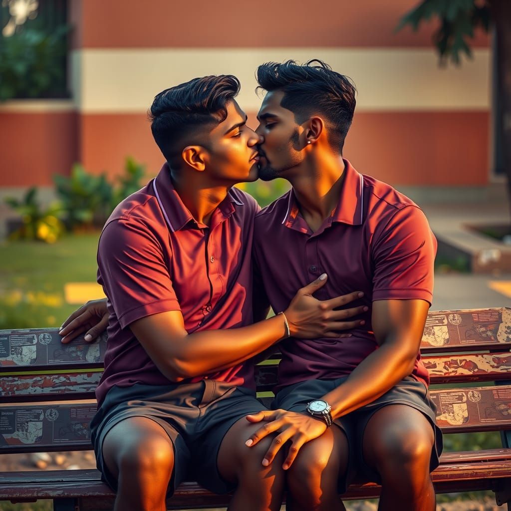 Passionate Schoolyard Kiss: Hyperrealistic Splash Art