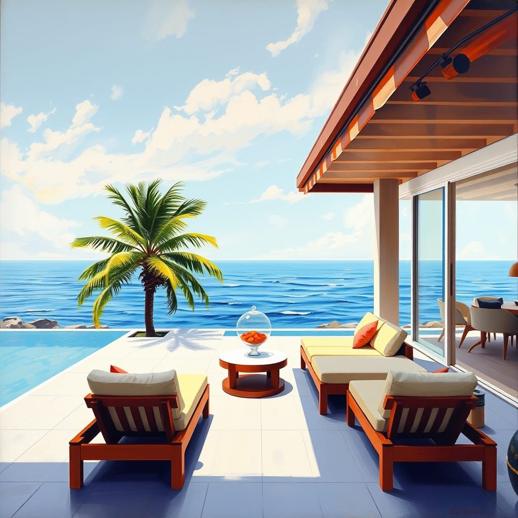 Expressionist Villa with Ocean View as Oil Painting