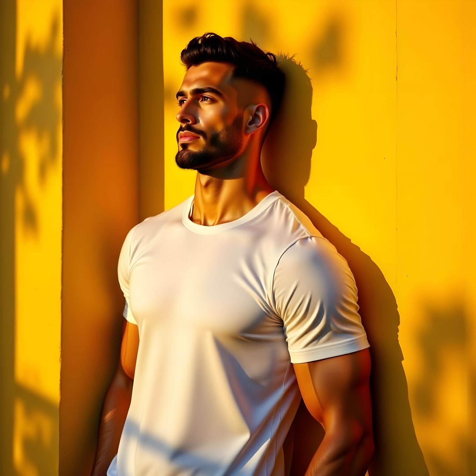 Muscular Man in White Tee, Golden Hour Portrait