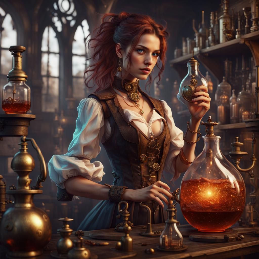 Steampunk Alchemist Woman Making Potion