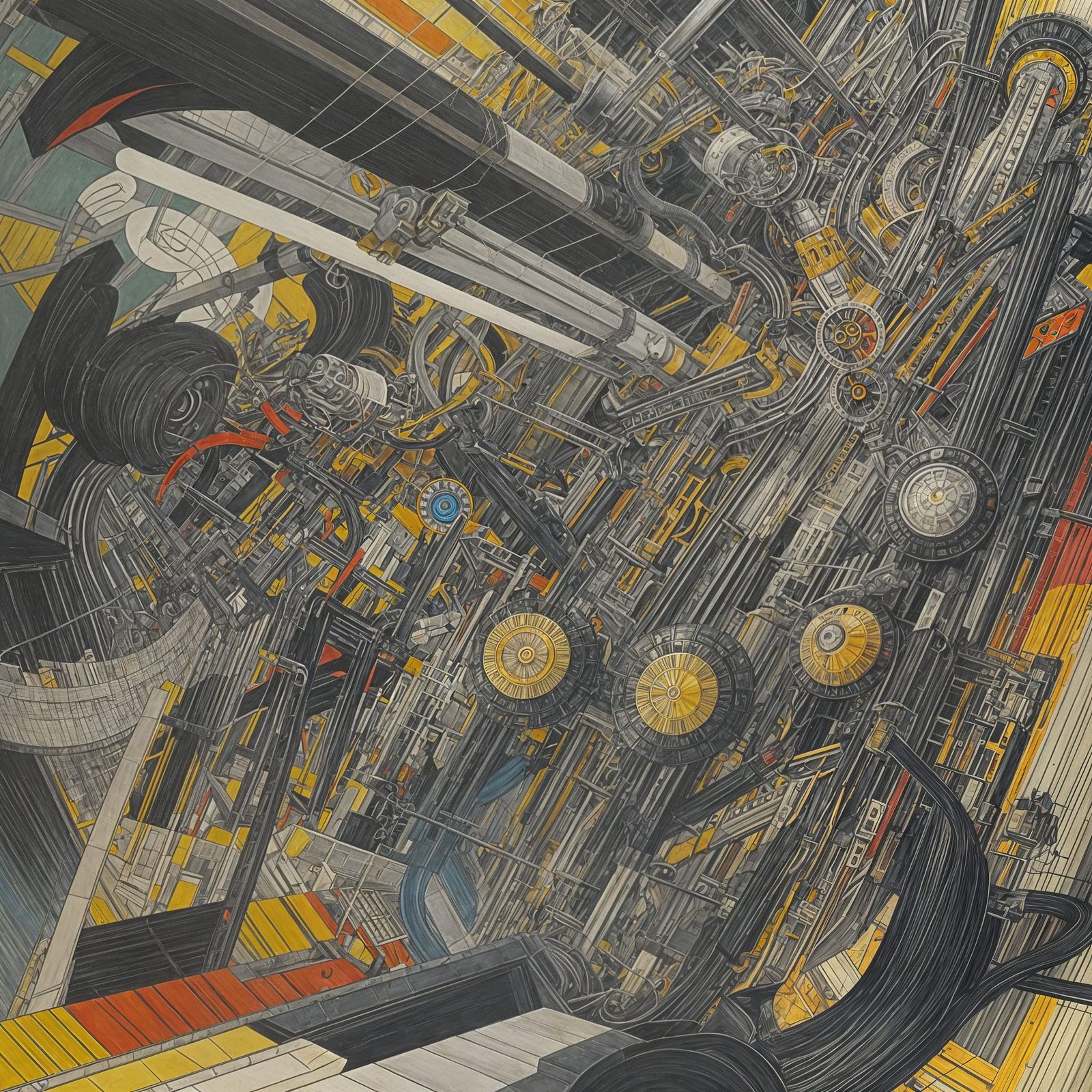 Intricate Mechanical Components Painting with Parallax Depth