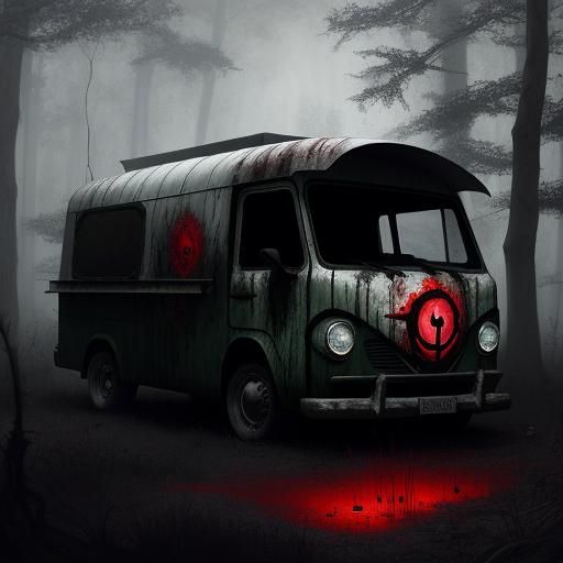 Surreal Horror Landscape with a Sinister Candy Van