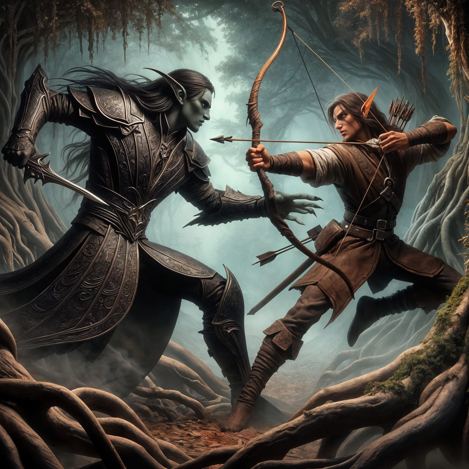 Dark Elves Engage Wood Elves in Ancient Forest Combat