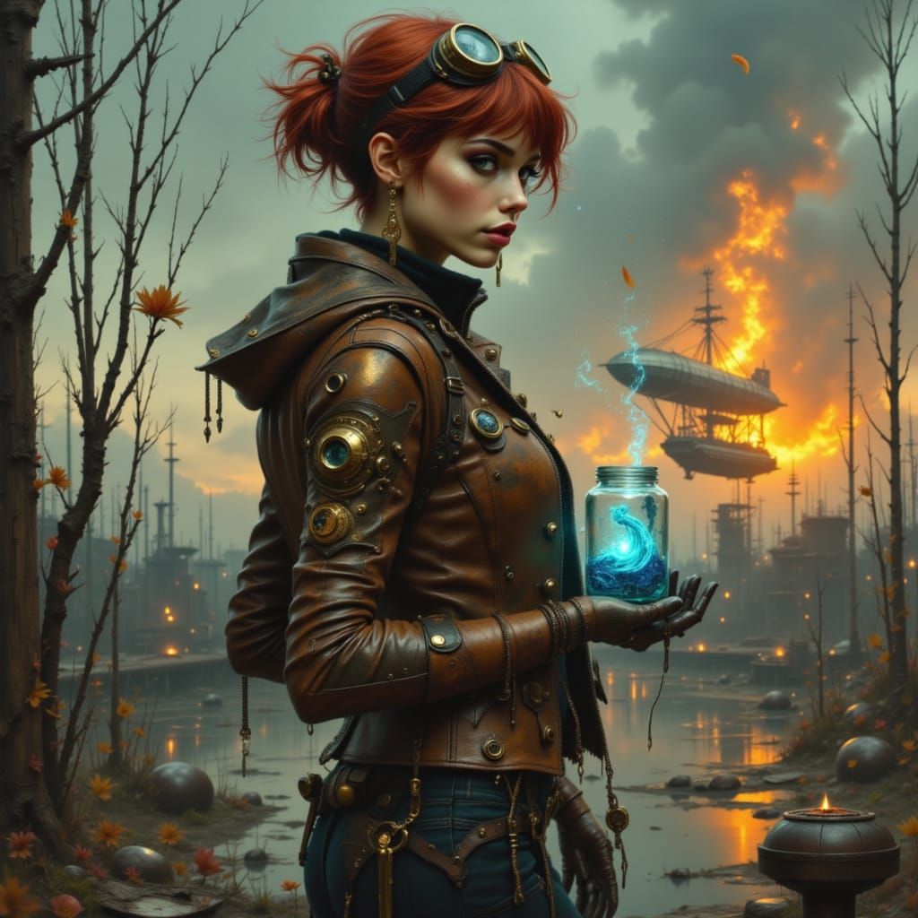 Steampunk Woman with Brass Arm on Rooftop