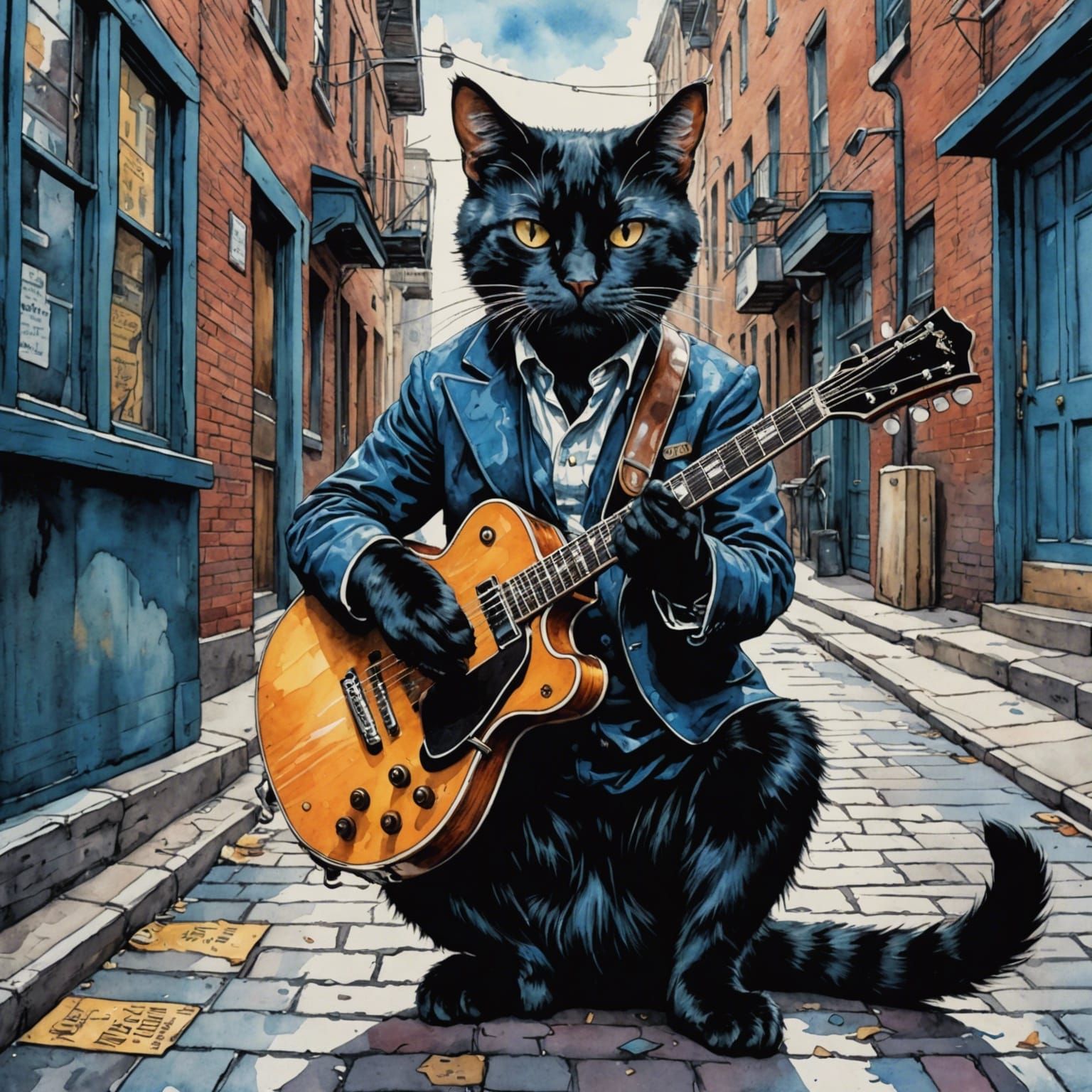 Black Cat Plays Blues in Detailed Ink Illustration