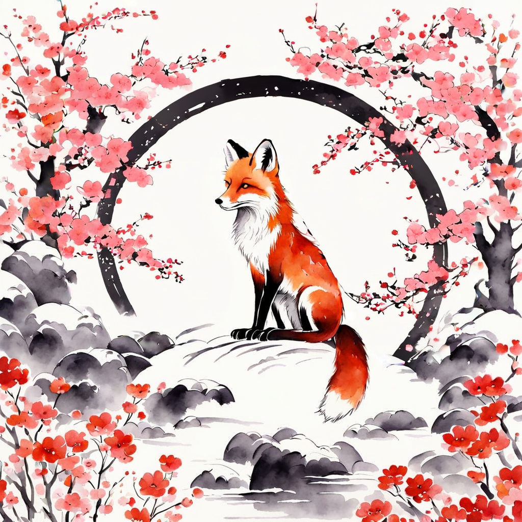 Serene Red Fox in Cherry Blossoms Chinese Ink Painting