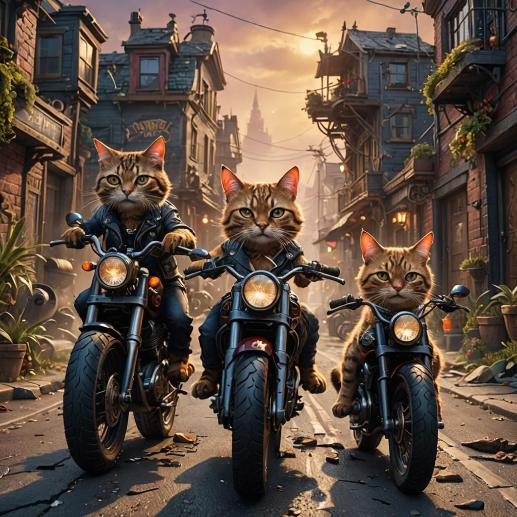 Biker Cats on the Prowl: Detailed Matte Painting