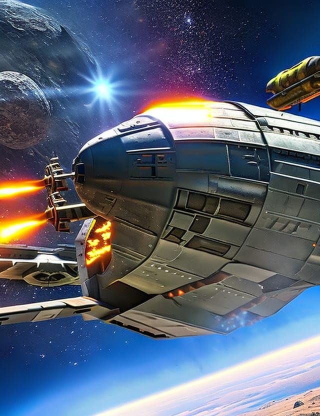 Repaired Sci-Fi Spaceship Over Asteroid Field