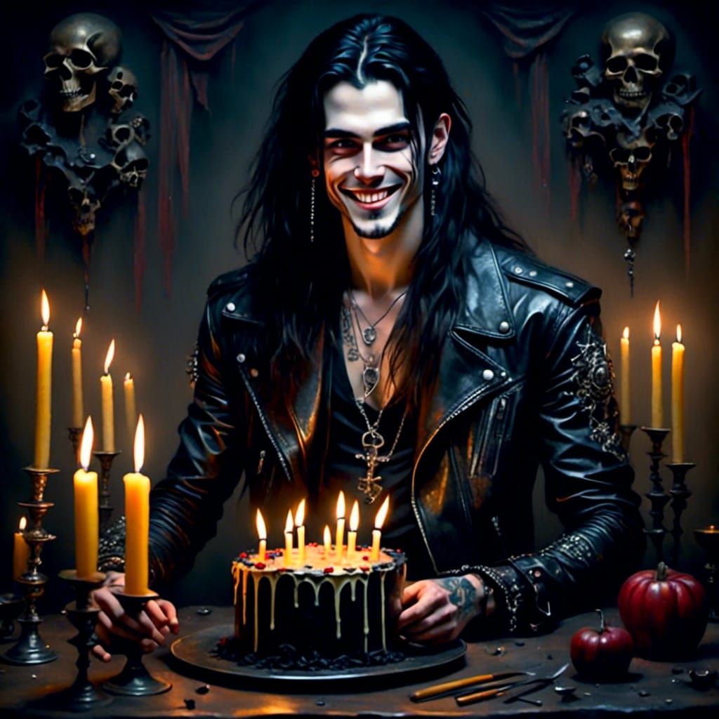 Metalhead Celebrates Birthday with Cake in Dark Room