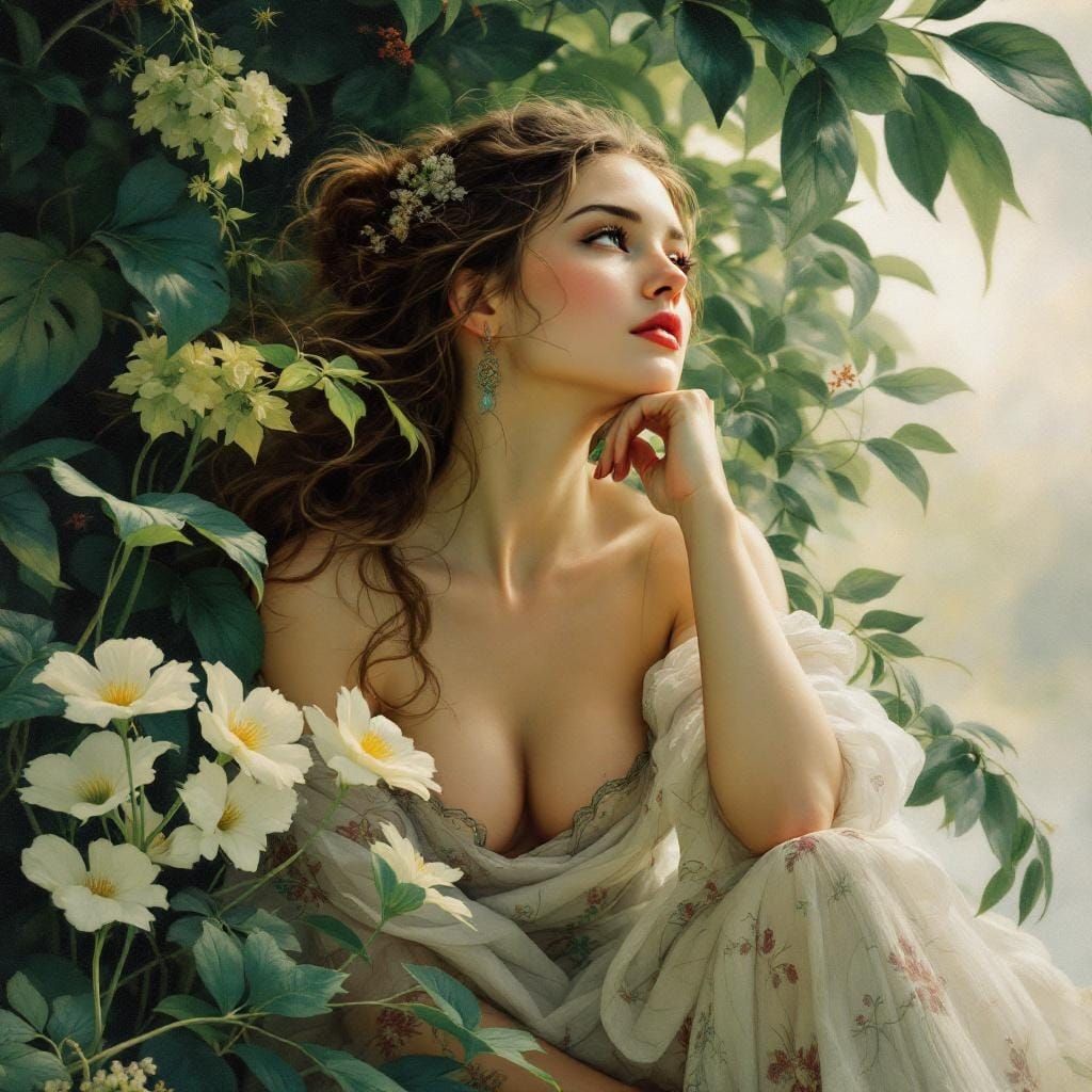 Contemplative Woman in Nature, Art Nouveau Style