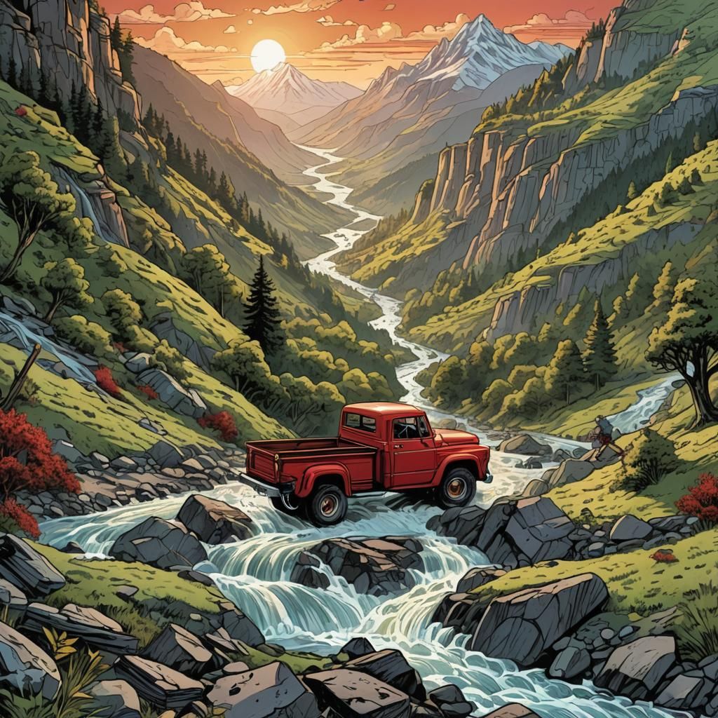 Red Pickup Truck on Mountain Road: Digital Comic Art