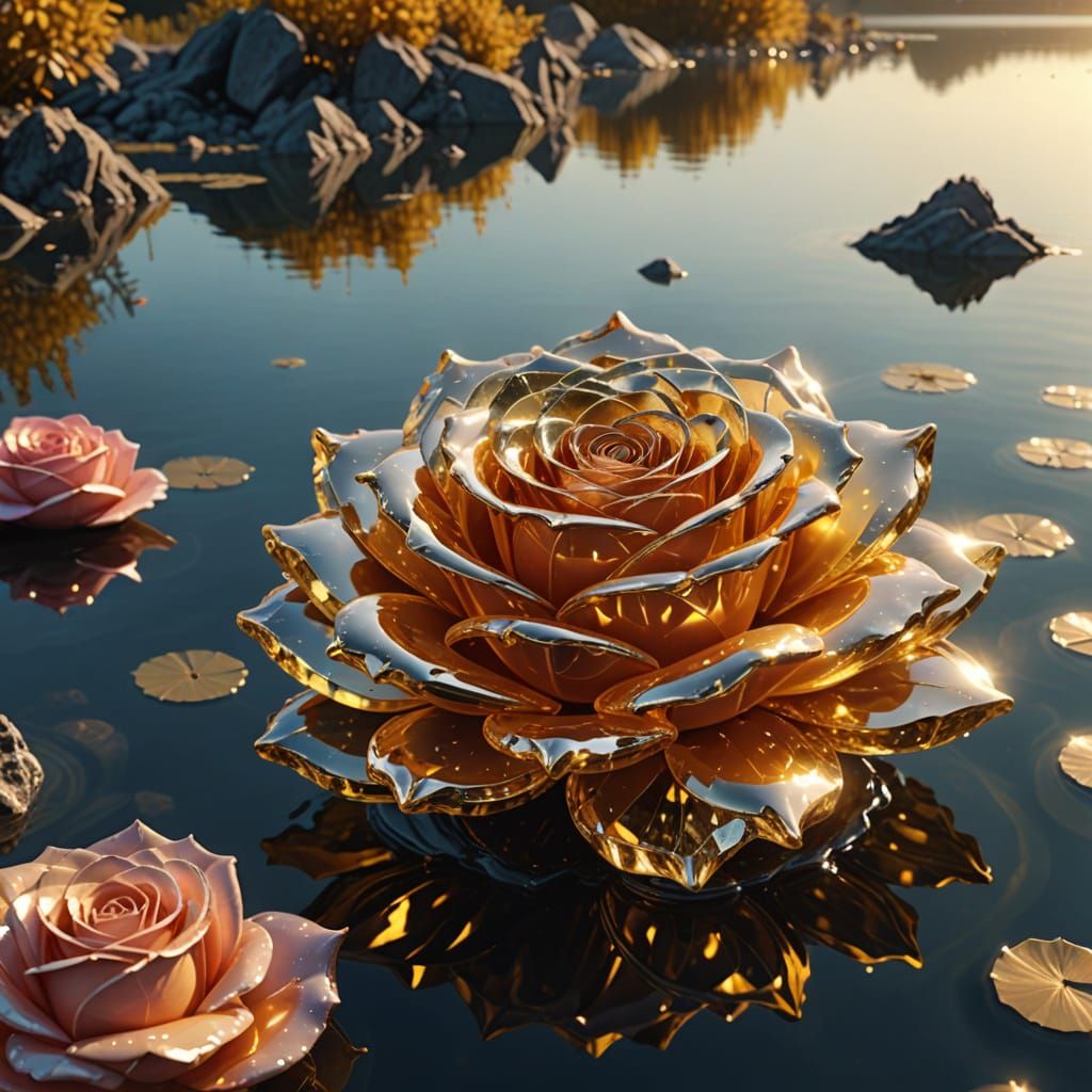 Scapolite Rose Statue in Lake: Digital Art