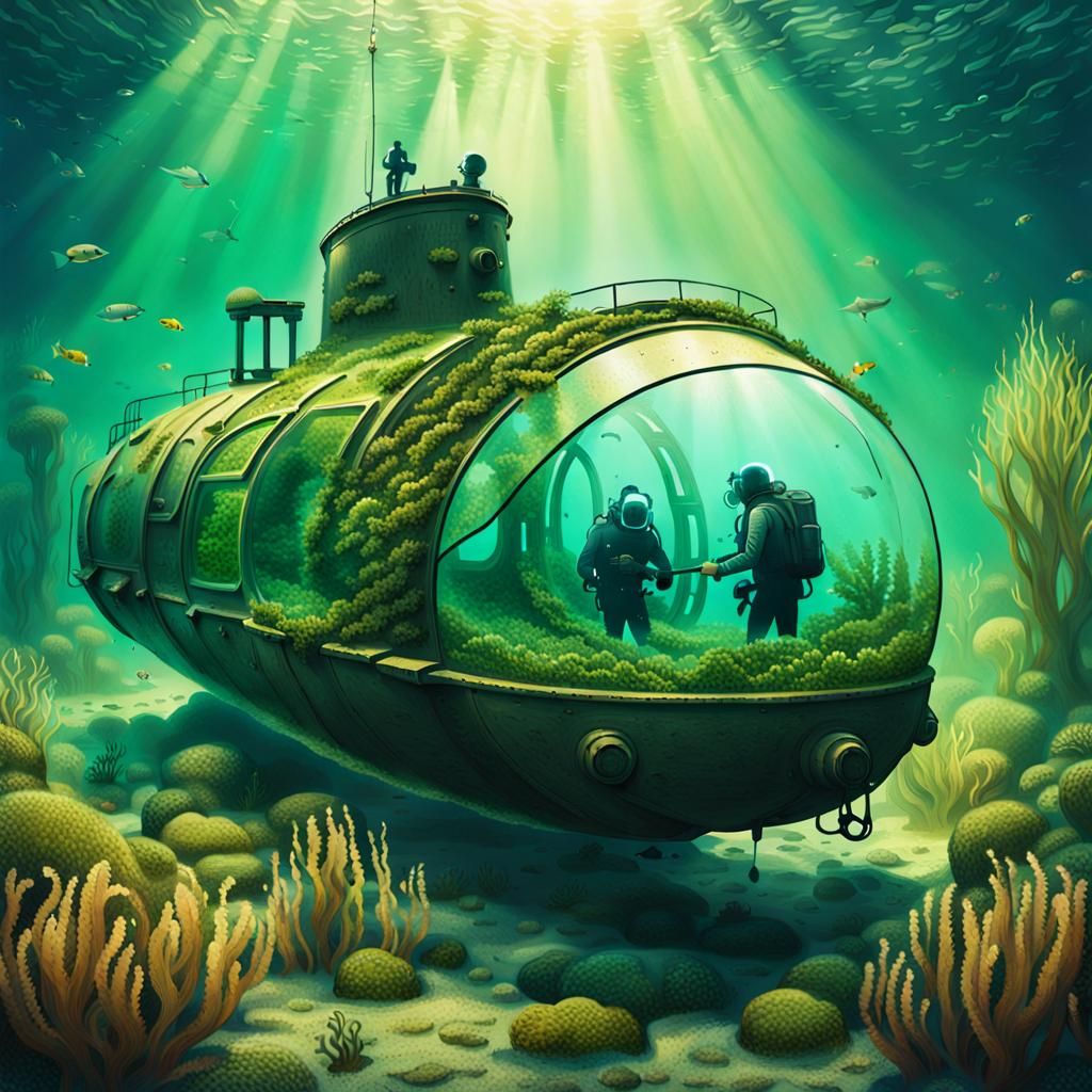 Antique Deep Diver Gazing at Underwater Submarine