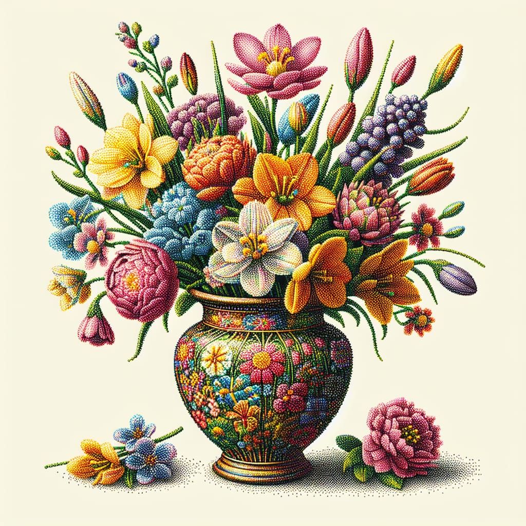 Pointillist Bouquet of Spring Flowers Portrait