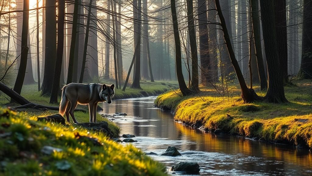 Wolf Watching Deer in Forest Stream at Dawn