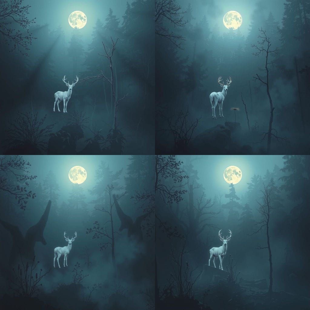 Ethereal White Deer in Misty Forest