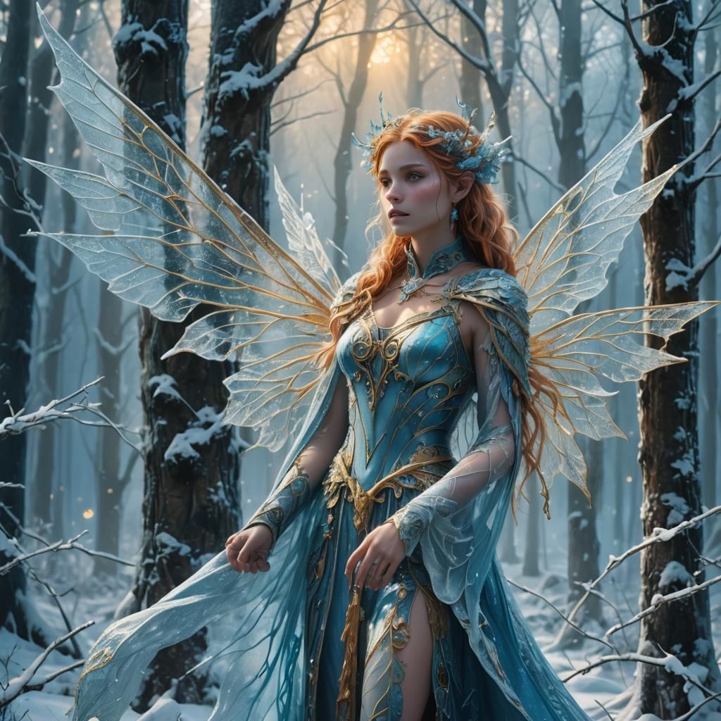 Winter Fae in Frosty Forest: Digital Fantasy Art