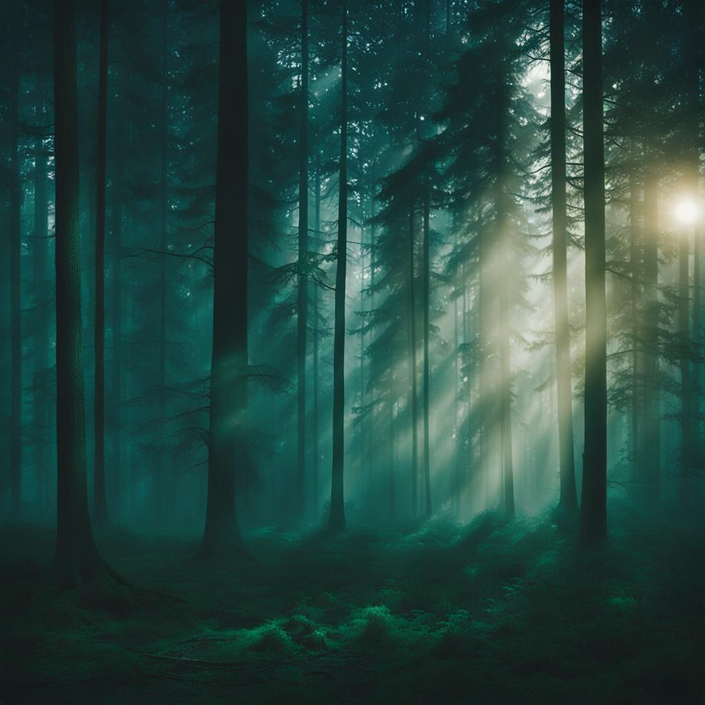 Ethereal Dark Green Forest Under Moonlit Skies in Cinematic...