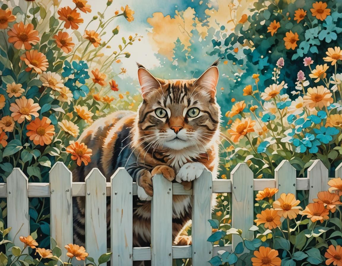 Tabby Cat Climbing Fence in Watercolor Flower Garden