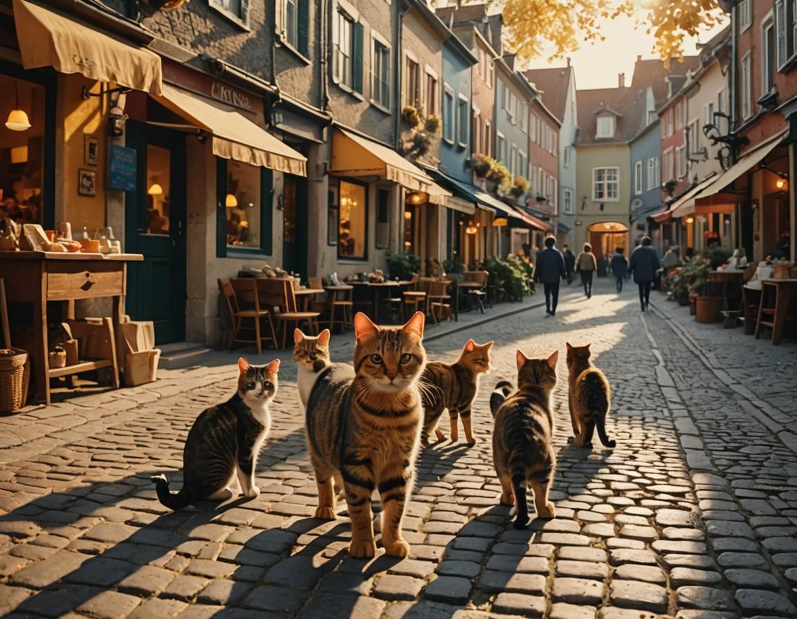 Cats Explore Sunny Town Square in Post-Impressionist Style