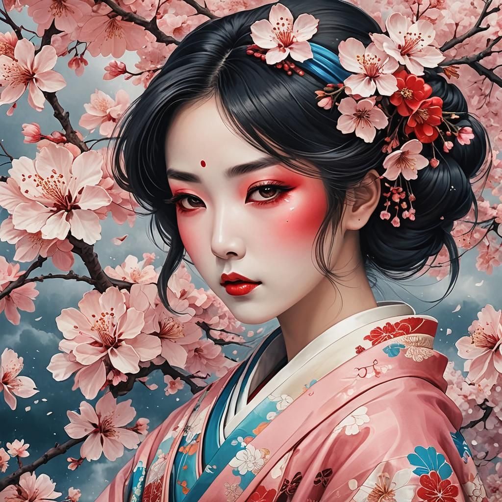 Geisha in White Cloak, Digital Art Style