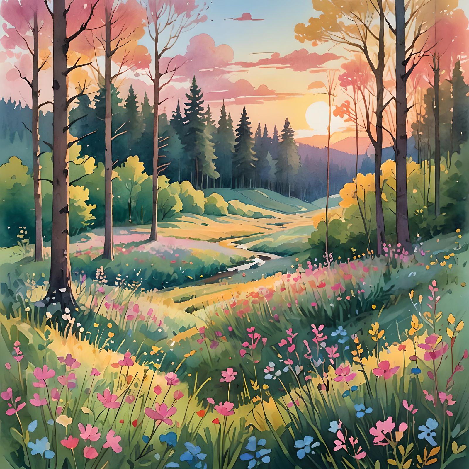 Gouache Landscape of Wildflower Valley at Sunset